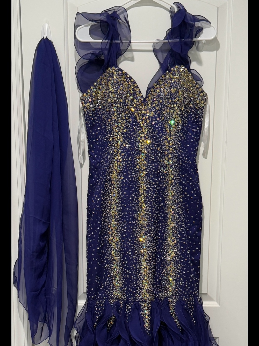 Cinderella Navy and Gold Beaded Ruffle-Hem Evening Gown